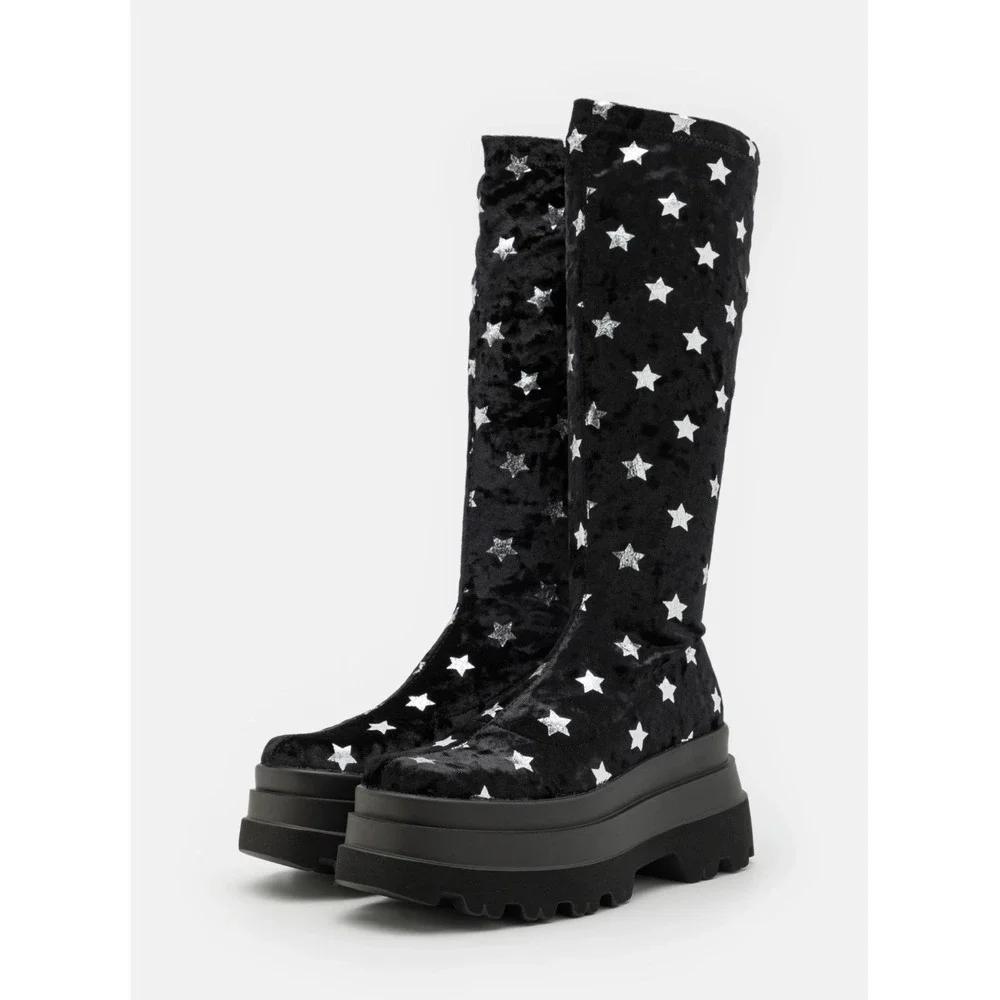 Koi Footwear Women Celestial Dusk Trident Velvet Star Platform Boots US 5 Black